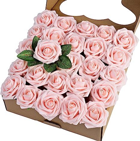 Breeze Talk Artificial Flowers Blush Roses 25pcs Realistic Fake Roses w/Stem for DIY Wedding Bouq... | Amazon (US)