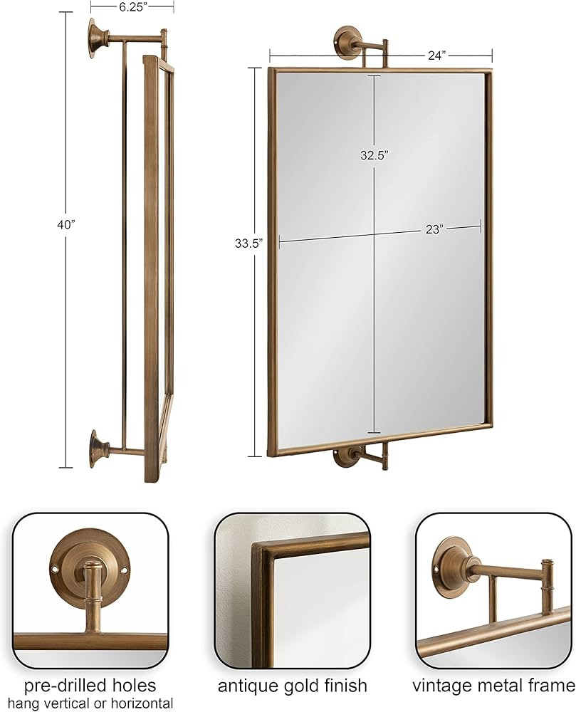 Kate and Laurel Darbridge Traditional Rectangle Pivot Mirror, 24 x 40, Antique Gold, Vintage Adju... | Amazon (US)