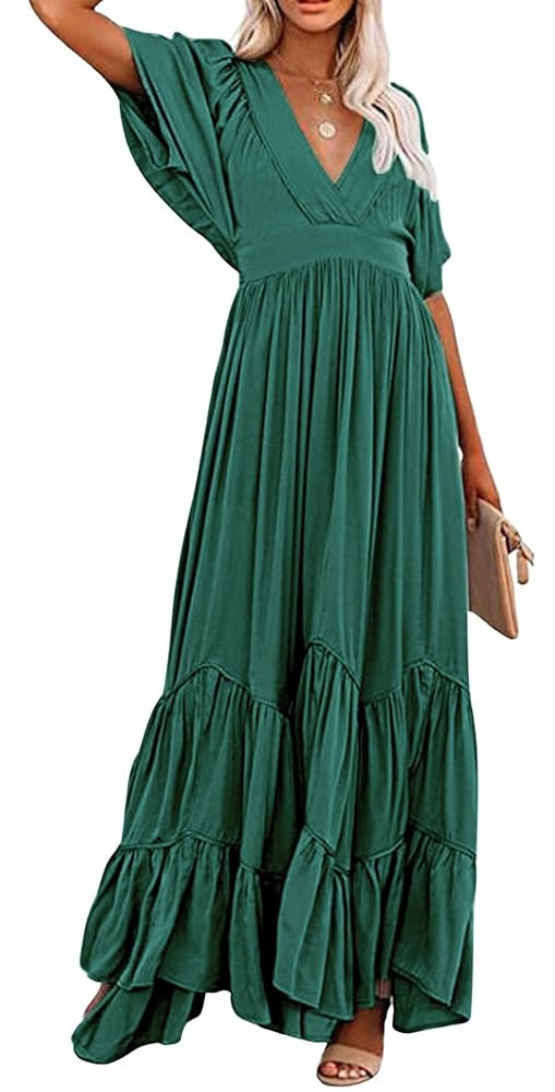 CHARTOU Women's Boho Ruffle Sleeve Flowy Maxi Dress Lace Up Back Tiered Party A Line Dress | Amazon (US)