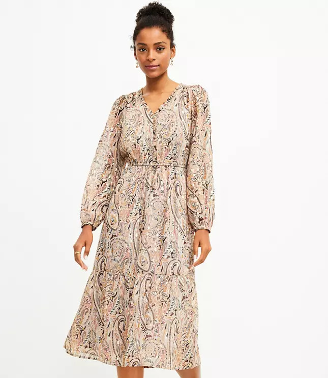 Shimmer Paisley V-Neck Midi Dress | LOFT