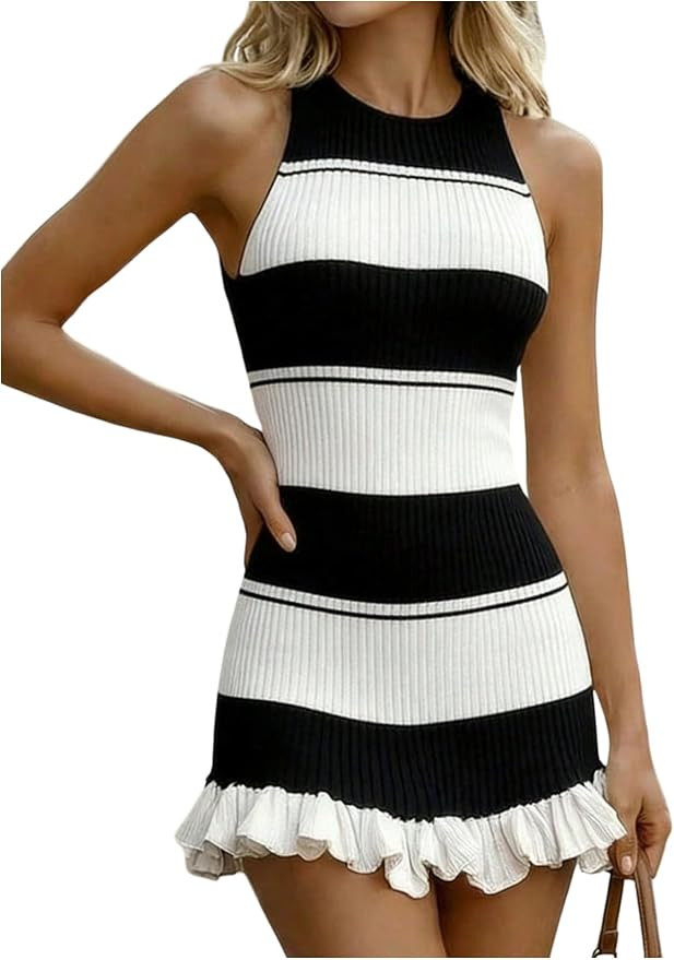 WDIRARA Women's Color Block Striped Tank Dress Ruffle Sleeveless Ribbed Knit Mini Dress | Amazon (US)
