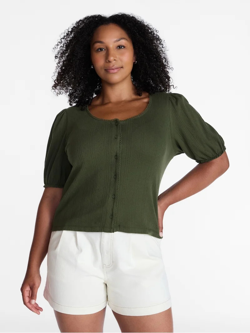 Time and Tru Women's Pointelle Top with Short Sleeves, Sizes XS-XXXL | Walmart (US)
