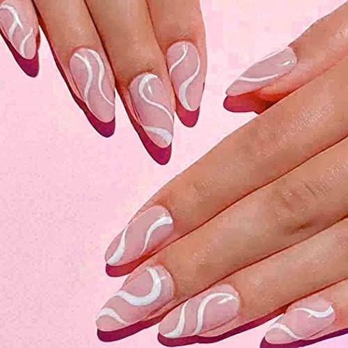 Outyua Designer Press on Nails Glossy Wave Fake Nails with Design Acrylic Oval False Nails Artifi... | Amazon (US)