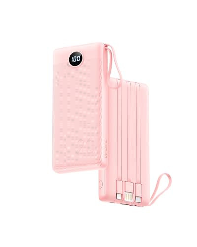 VRURC Portable Charger, 20000mAh Power Bank Fast Charging, Built-in Micro & USB C Three Cables, 4 Output 2 Input LED Display Charging Bank for iPhone, Samsung, Android etc-Pink (1 Pack) | Amazon (US)