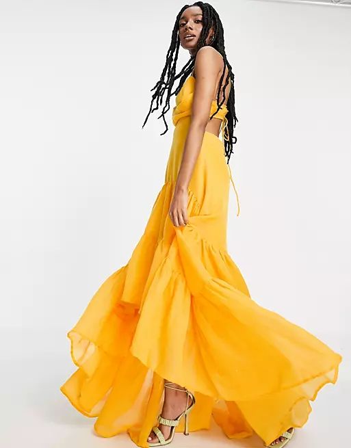 ASOS DESIGN tiered cami maxi dress with pleated bodice detail in yellow | ASOS (Global)