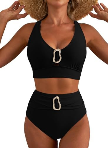Herseas Women's High Waisted Bikini Sets Crisscross Back Swimsuit V Neck Metal Ring 2026 Summer B... | Amazon (US)
