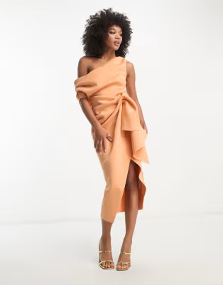 ASOS DESIGN fallen shoulder manipulated tuck body-conscious midi dress in apricot | ASOS (Global)
