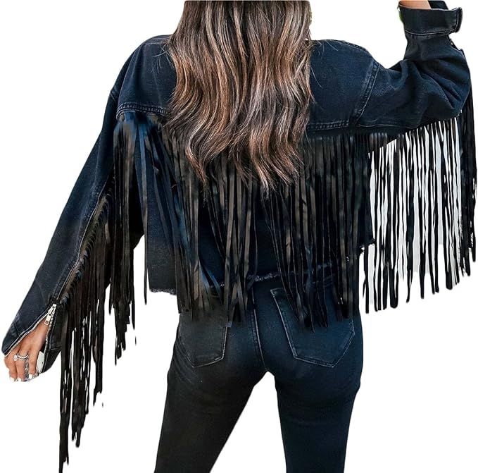 Fringe Jacket Women, Long Sleeve Fringe Denim Jacket Buttons Casual Cowboy Style Fringe Coat Outf... | Amazon (US)