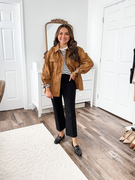 Brown utility jacket size xs petite 
Stripe tee size xs petite TTS
Crop flare pants size small petite -  10% off and free shipping with code HONEYSWEETXSPANX
Black loafers size 5 TTS




Teacher outfit
Teacher outfits
Office casul
Business casual 
Back to school
Work outfit


#LTKsalealert #LTKworkwear #LTKBacktoSchool
