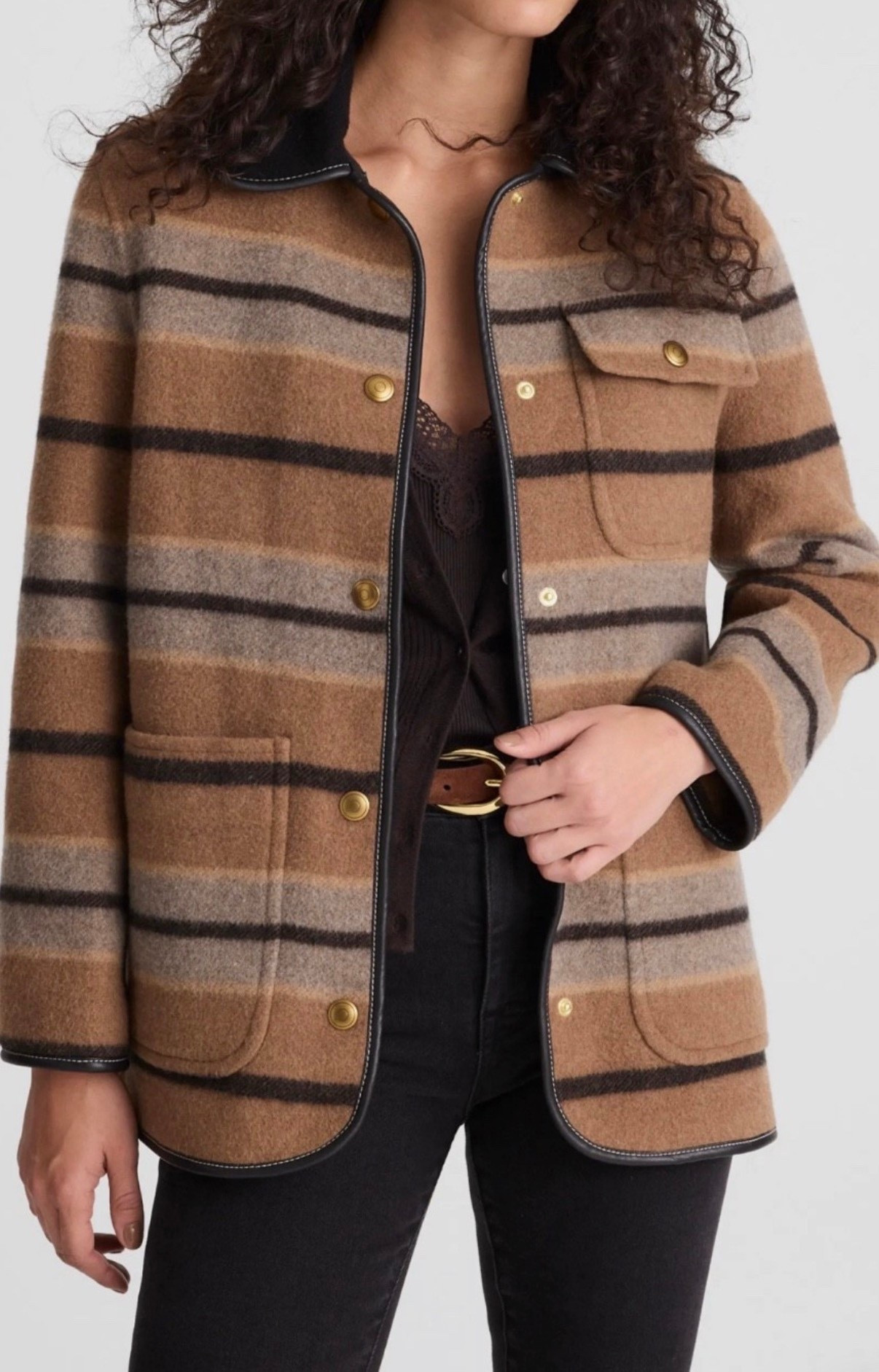 Stripe jacket 
Black jeans 

#LTKSeasonal #LTKOver40 #LTKFindsUnder100