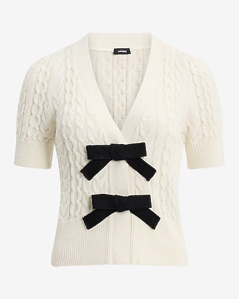 Cable Knit Double Bow Short Sleeve Cardigan | Express