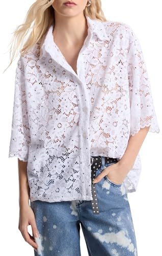 Michael Kors Women's Studded Floral Lace Shirt, White, M | Amazon (US)