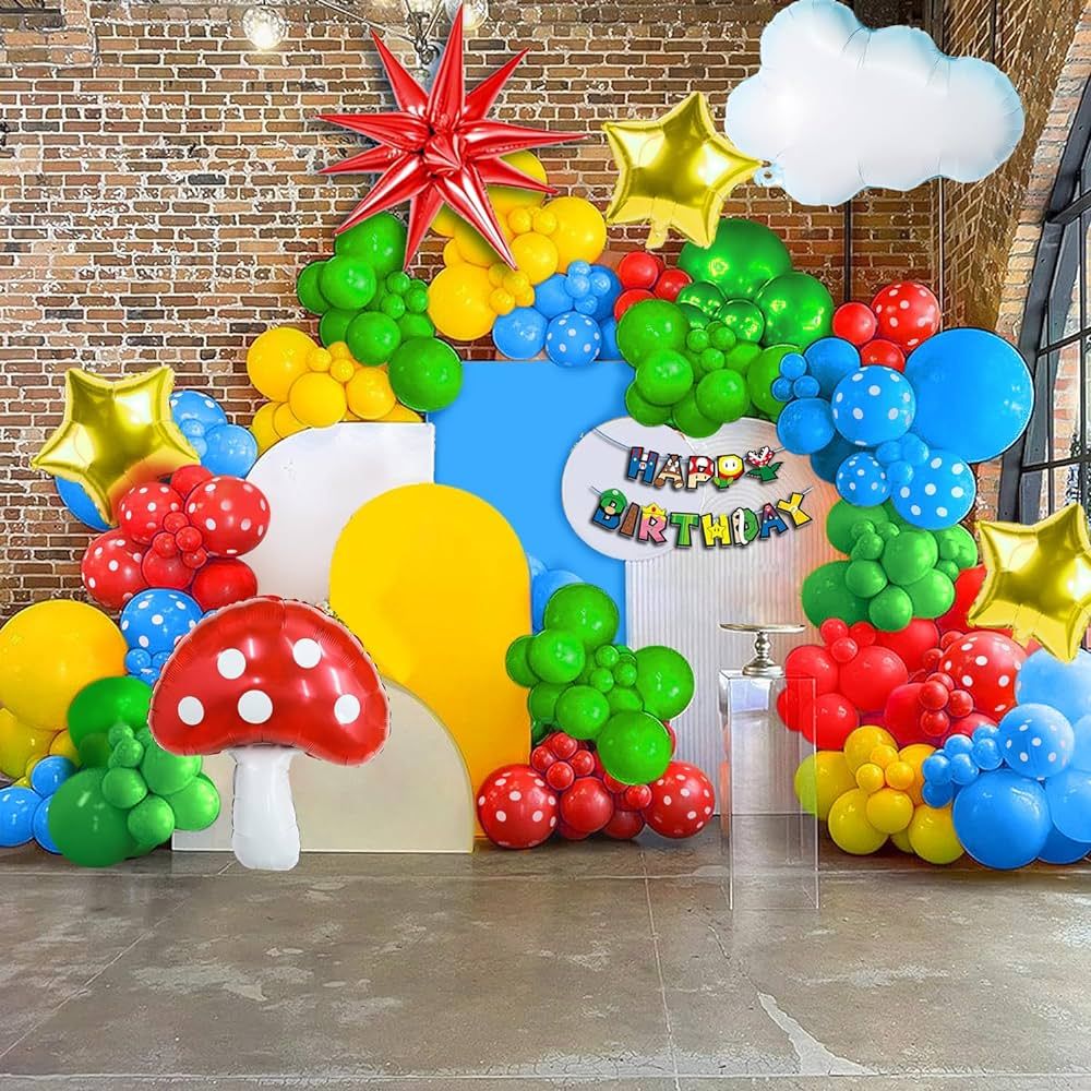 134PCS Red Blue Yellow Green Balloon Garland Arch Kit with Cloud Mushroom Star Balloons for Carto... | Amazon (US)
