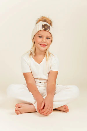 Cream Pom Beanie for Kids | Vintage Boho