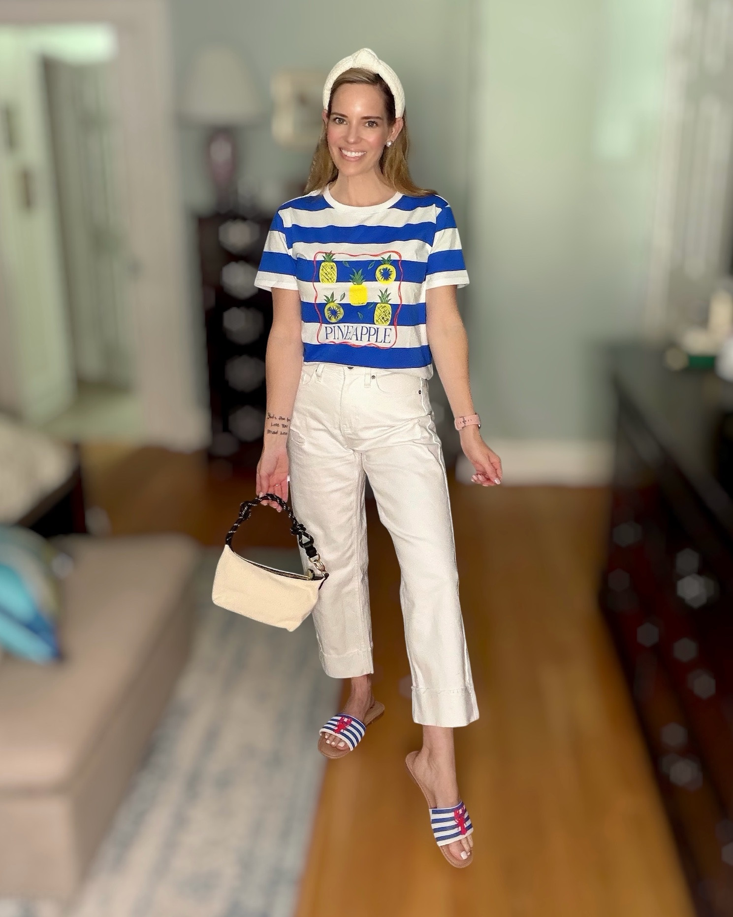 Patriotic Pineapple Summer Style 🍍🇺🇸💙

This playful pineapple graphic tee is such a fun find for summer! The bold blue-and-white stripes paired with crisp white cropped pants create an effortlessly fresh and classic look that’s perfect for everything from casual outings to holiday weekends. I finished the outfit with striped embellished slide sandals, a neutral shoulder bag, and a chic white headband for a polished coastal-inspired vibe. ☀️✨

Comfortable, affordable, and easy to wear, this outfit is one you’ll reach for all season long. The bright colors and whimsical pineapple print add the perfect touch of personality while still feeling timeless and put together.

Perfect for summer vacations, patriotic celebrations, casual brunches, theme park days, coastal getaways, and everyday warm-weather style. 🍍⚓️🤍

Blue and white summer outfit, pineapple graphic tee, patriotic style outfit, affordable summer fashion, casual vacation outfit, coastal grandmother style, preppy summer fashion, white cropped pants outfit, Walmart fashion finds, summer graphic tee outfit, red white and blue style, resort wear inspiration. 🌴✨

#LTKOver40 #LTKootd #LTKPetite
