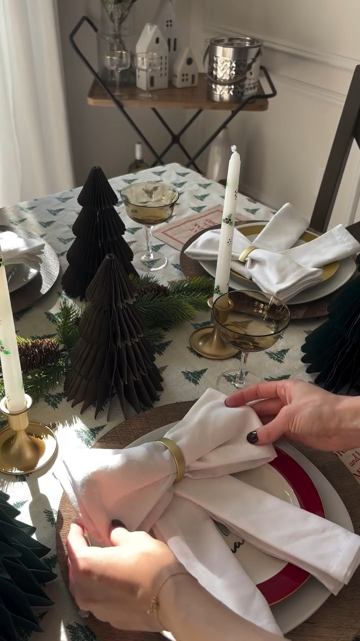 I love hosting and making pretty little table settings for my friends to enjoy! 

And since bows are very trendy this holiday season, I thought it’d be fun to incorporate them into my tablescape. 

To recreate this look you’ll need some napkins — 2 per person and semi-circle napkin rings. All items can be found on my LTK✨ Be sure to save this simple napkin tutorial to try out next time you host!