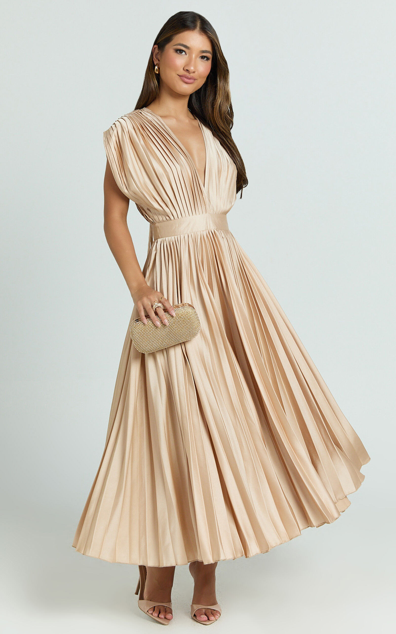 Della Midi Dress - Plunge Neck Short Sleeve Pleated Dress in Champagne | Showpo (US, UK & Europe)