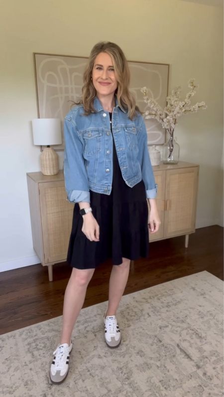 Walmart $13 tiered knit dress with target denim jacket and adidas Sambas for a casual spring/summer outfit, teacher outfit idea. Wearing true size small in the dress and the jacket. #targetstyle #walmartfashion 

#LTKFindsUnder50 #LTKStyleTip
