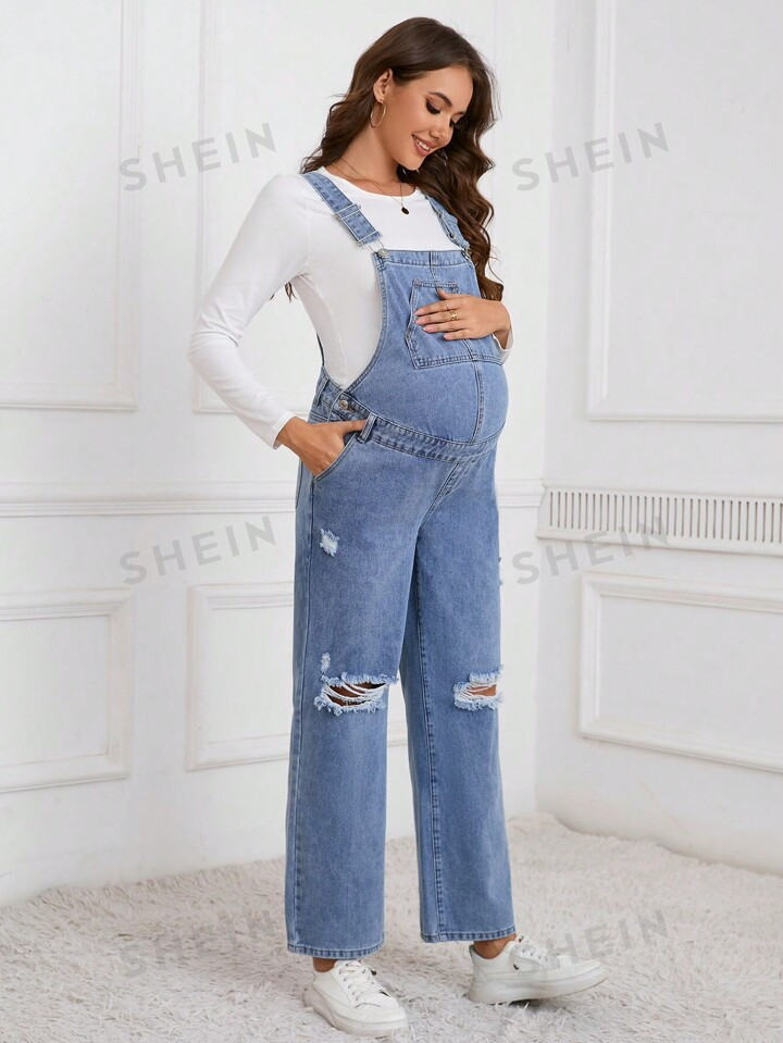 SHEIN Pantalones generales de mezclilla desgastados informales de maternidad | SHEIN USA | SHEIN