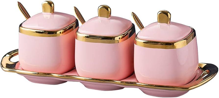 Pink Sugar Bowl with Lid and Spoon,Ceramic Condiment Jars Spice Container with Tray,Sugar and Sal... | Amazon (US)
