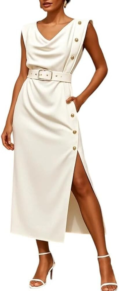 UOOZEE Women's Summer Loose Sleeveless Belted Buttoned Pockets Solid Color Split-Side V-Neck Midi... | Amazon (US)