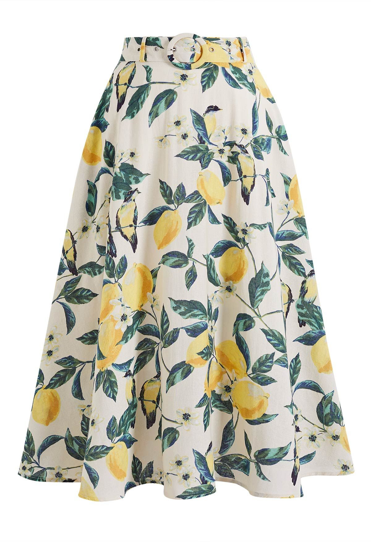 Lemon Garden Belted Flare Cotton Midi Skirt for Resort Getaways & Market Strolls | Chicwish