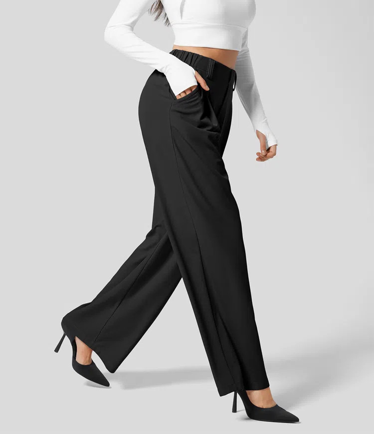 High Waisted Plicated Side Pocket Wide Leg Waffle Work Pants | HALARA