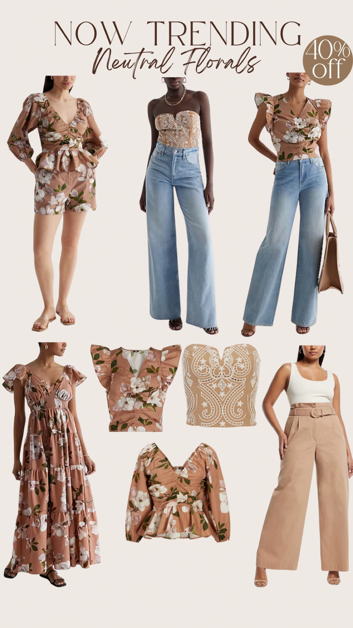 Spring outfits | neutral outfit | wide leg pants | flare leg pants | raw hem jeans | floral shorts | floral maxi | muted florals | ruffle sleeve top | express tops | express dress | matching set | two piece set | vacation outfit | spring dress | express sale | floral top 

#LTKSeasonal #LTKstyletip #LTKsalealert