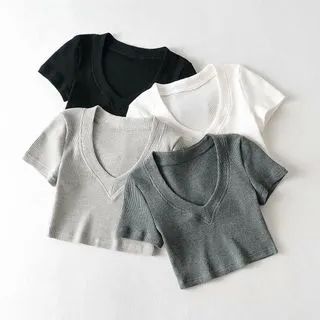 Short-Sleeve V-Neck Crop Top | YesStyle Global