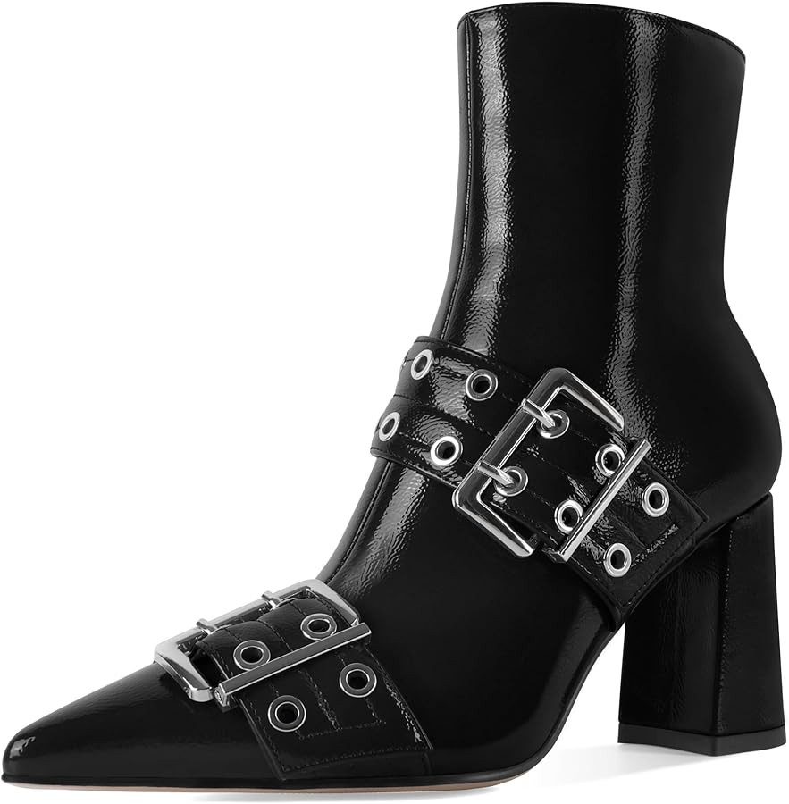 YODEKS Ankle Boots For Women Short Boots Pointed Toe Chunky High Heel Boots Metal Buckle Studded ... | Amazon (US)