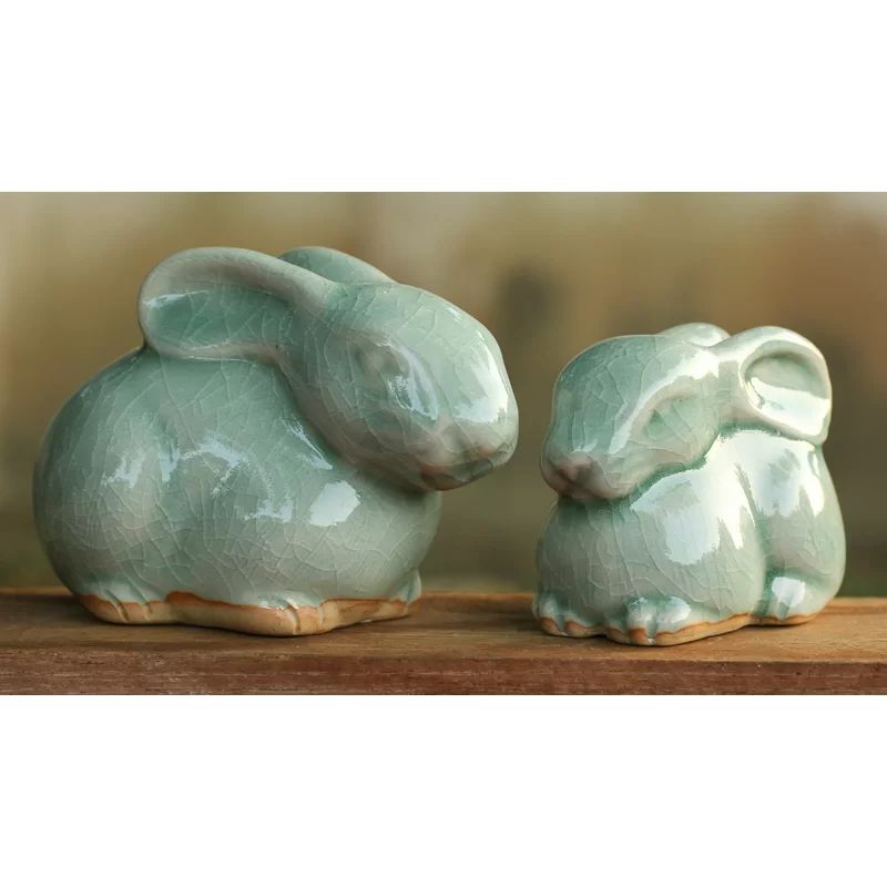 2 Piece Rabbit Celadon Ceramic Rabbit Figurine Set | Wayfair North America