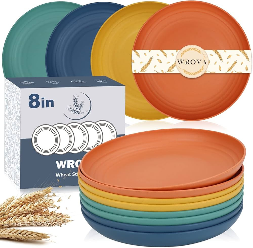 Wheat Straw Plates - 8 Inch Unbreakable Dinner Plates Set of 8 - Dishwasher & Microwave Safe Plas... | Amazon (US)