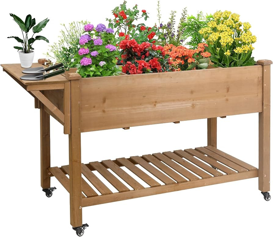 Raised Garden Bed Outdoor with Lockable Wheels, 55"x 24" x 33" Elevated Wood Planter Box for Back... | Amazon (US)