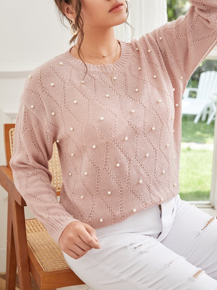 Plus Pearl Detail Drop Shoulder Sweater | SHEIN