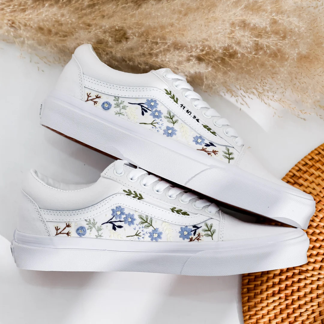 Wedding Vans for Bride and Groom, Blue Flowers Embroidered Vans Custom, Bridal Floral Embroidery ... | Etsy (US)