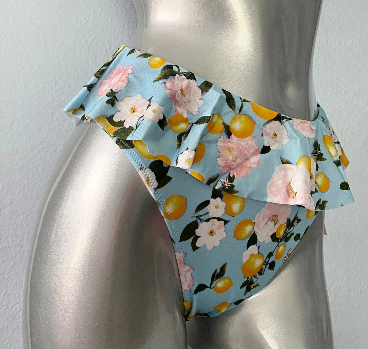 Victorias Secret Swim Bikini Bottom Blue Lemon Floral Ruffle High Waist Cheeky  | eBay | eBay US