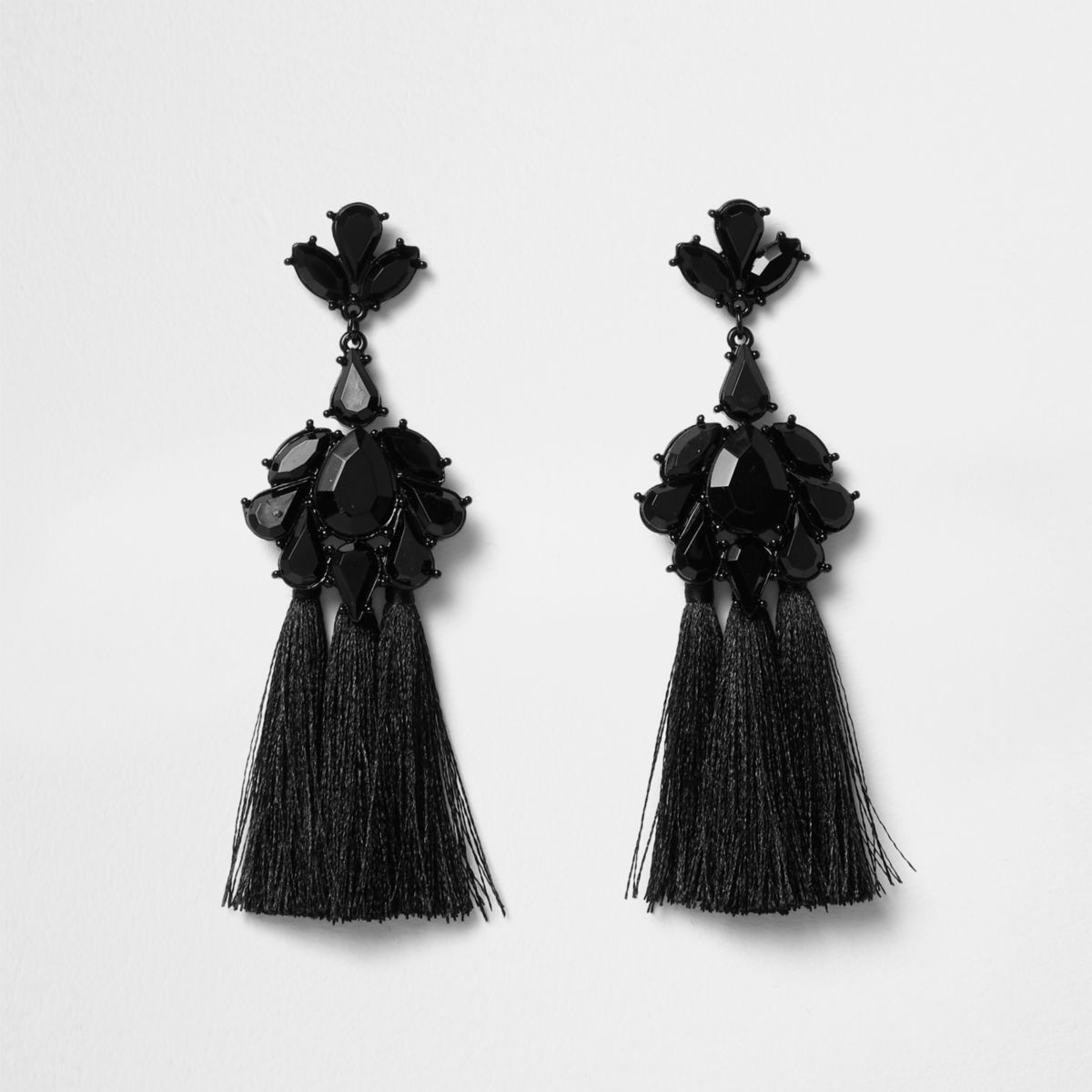 River Island Womens Black jewel embellished tassel drop earrings | River Island (UK & IE)
