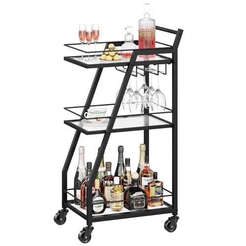 YATINEY Bar Cart, Bar Cart for The Home, Small Bar Cart on Wheels, Beverage Cart, Home Bar Serving Cart with Glass Holder, Drink Cart for Bar, Kitchen, Transparent and Black BC03BK | Amazon (US)