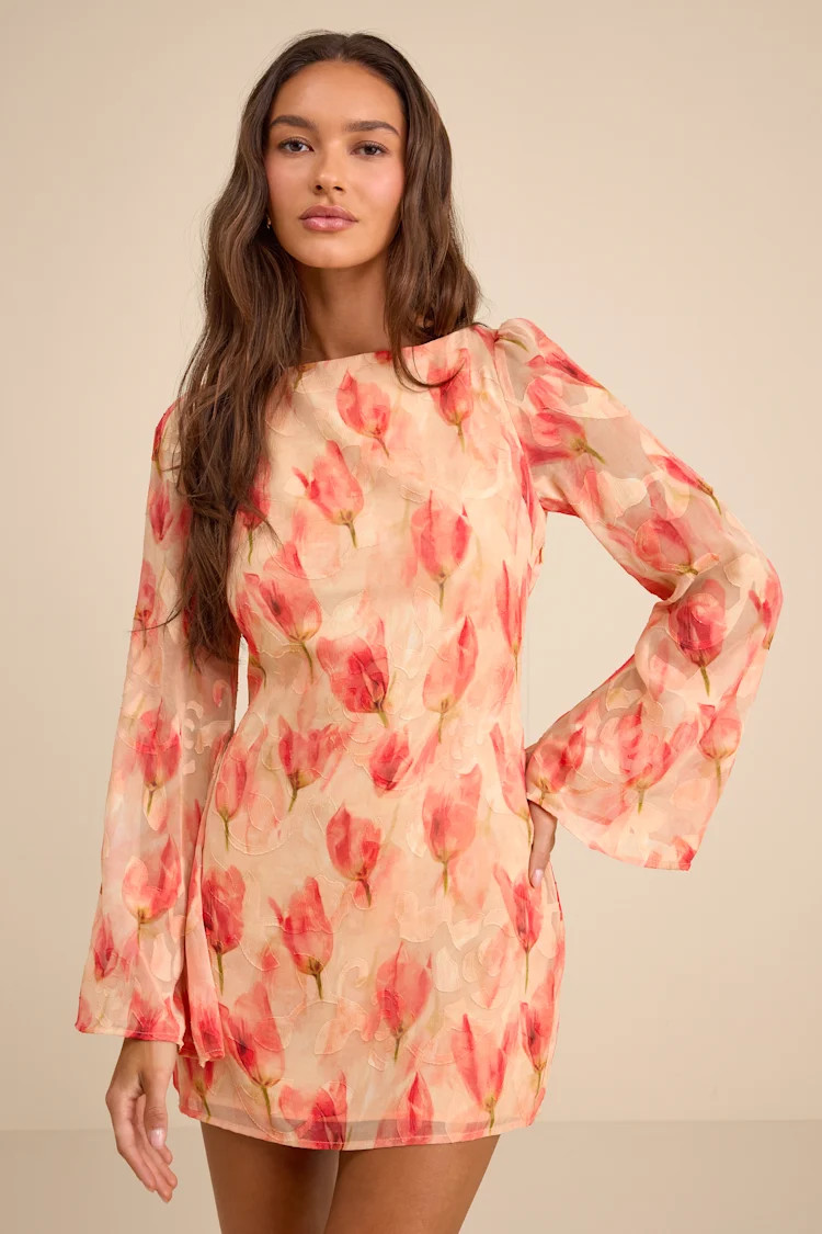 Jaleen Peach Floral Jacquard Bell Sleeve Mini Dress | Lulus