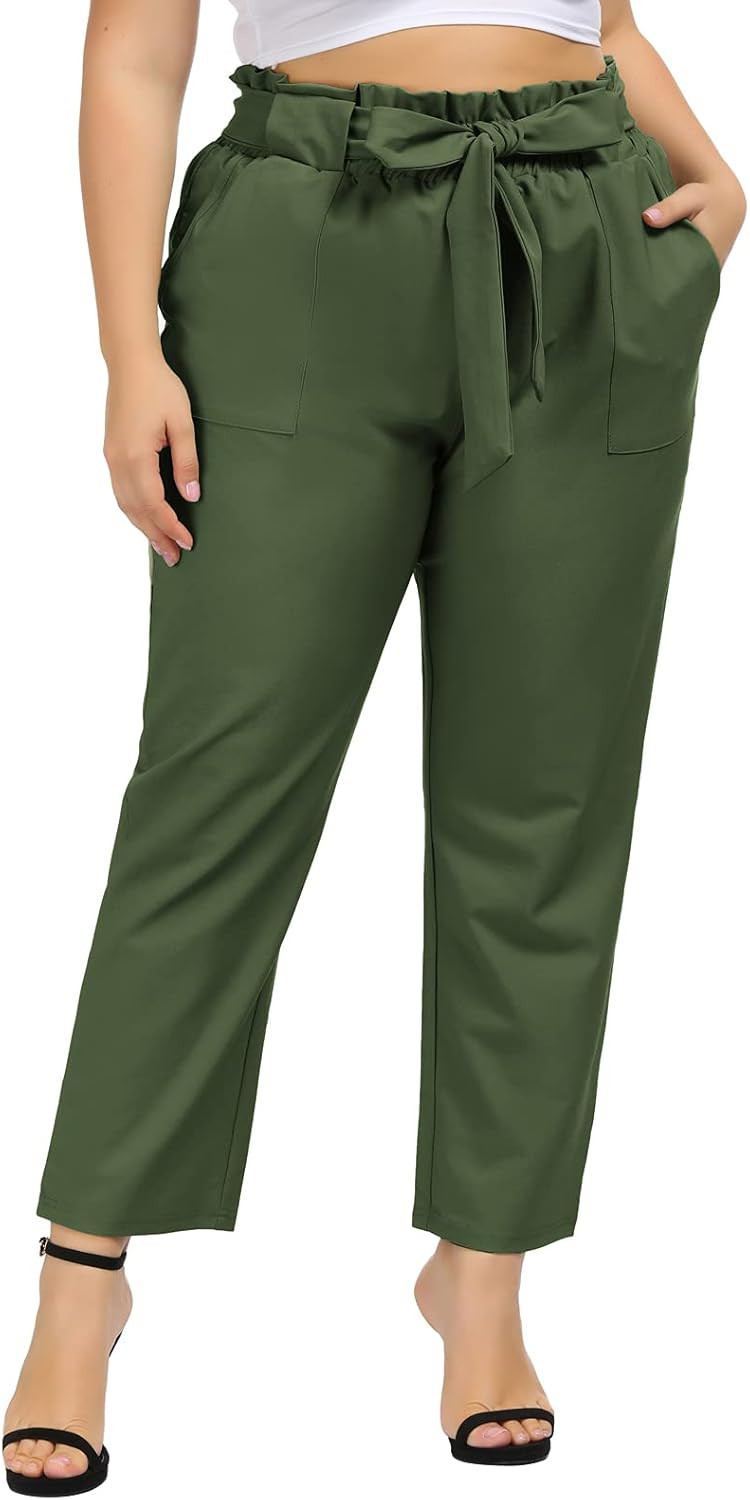 Hanna Nikole Women's Plus Size Cropped Paper Bag Waist Self-tie Belted Pants with Pockets | Amazon (US)