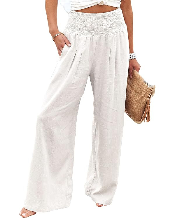 CHARTOU Women's Lightweight Smocked High Waist Straight Leg Cotton Linen Palazzo Beach Pants | Amazon (US)