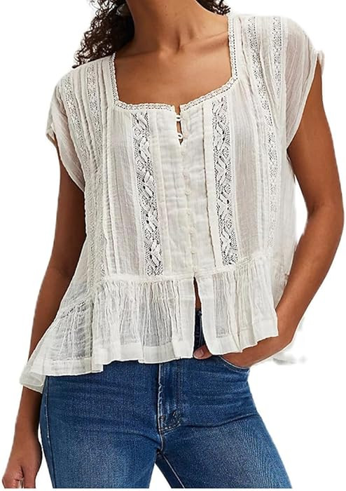 Women\u2019s Tie Front Ruffle Boho Tops Flowy Sheer Short Sleeve Lace Blouse Y2k Embroidered Baby... | Amazon (US)