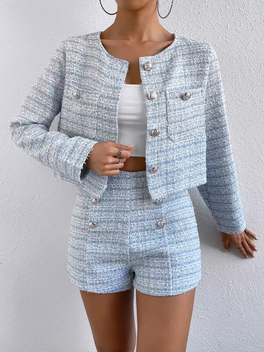 Chiquease Plaid Print Button Front Jacket & Shorts Fall Cloth For Women | SHEIN