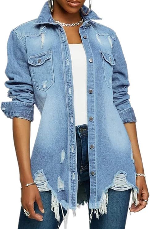 Denim Jacket for Women Winter Long Sleeve Classic Distressed Butterfly Jean Trucker Jackets | Amazon (US)