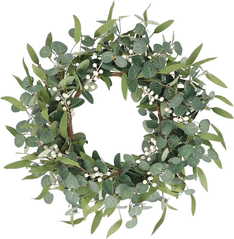 CEWOR 20in Artificial Eucalyptus Wreath for Front Door Fall Wreath Green Leaf Wreath for Window W... | Amazon (US)