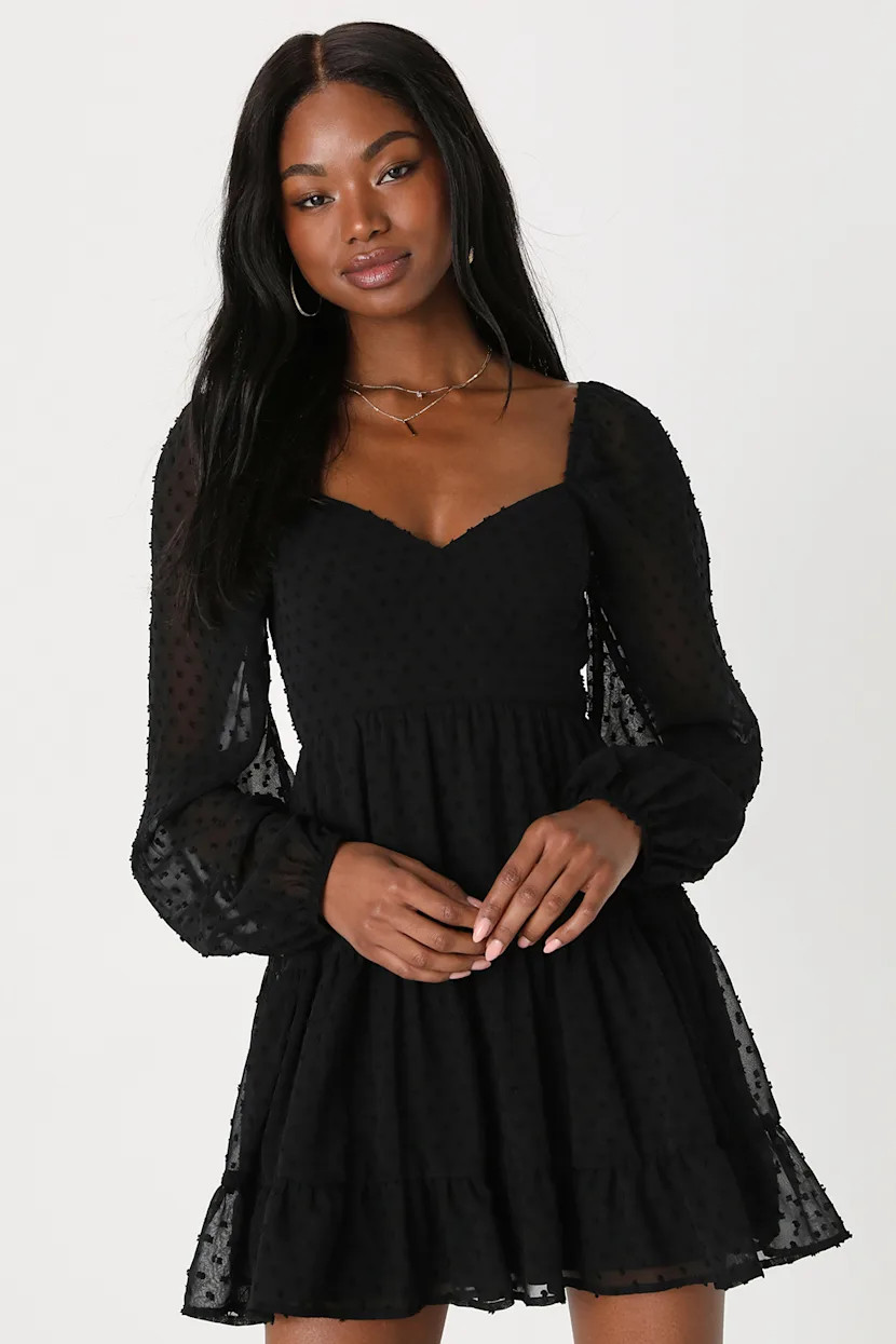 Longing And Love Black Swiss Dot Puff Long Sleeve Mini Dress | Lulus (US)