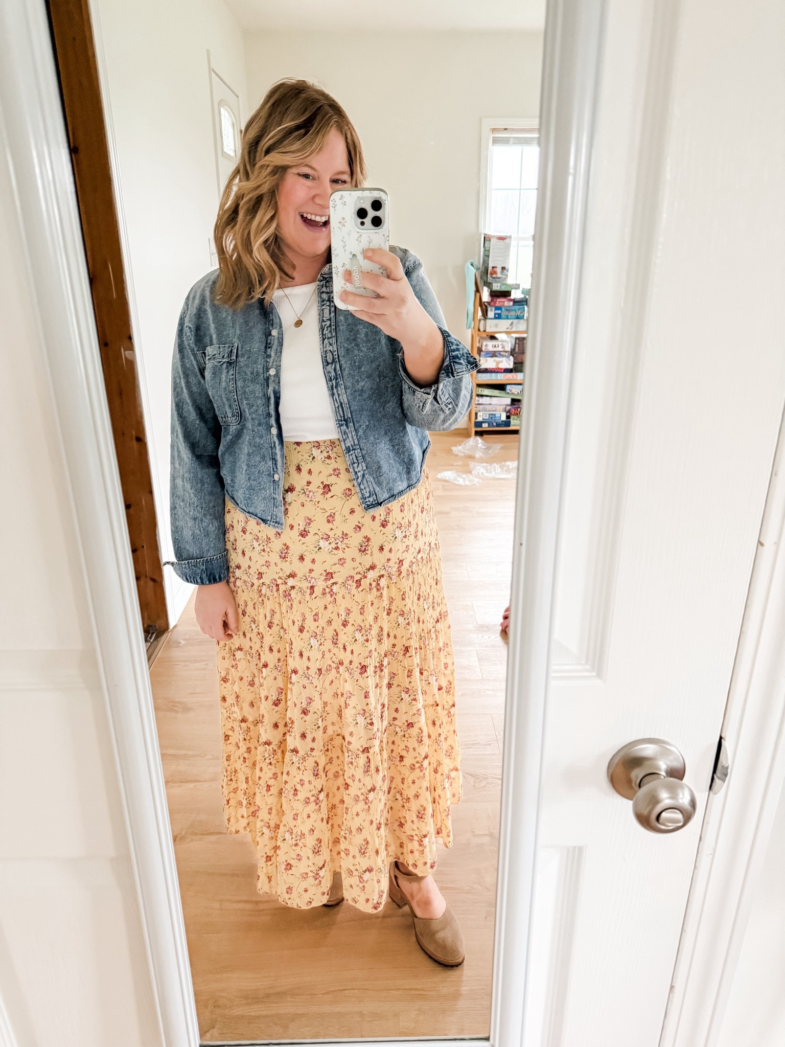 Church outfit! Wearing an XL in my yellow maxi skirt.  My tank and cropped denim shirt are older so linked similar.  My heels are from Portland leather goods and they don’t make them anymore so i linked similar opitons
 

#LTKSeasonal #LTKBump #LTKMidsize