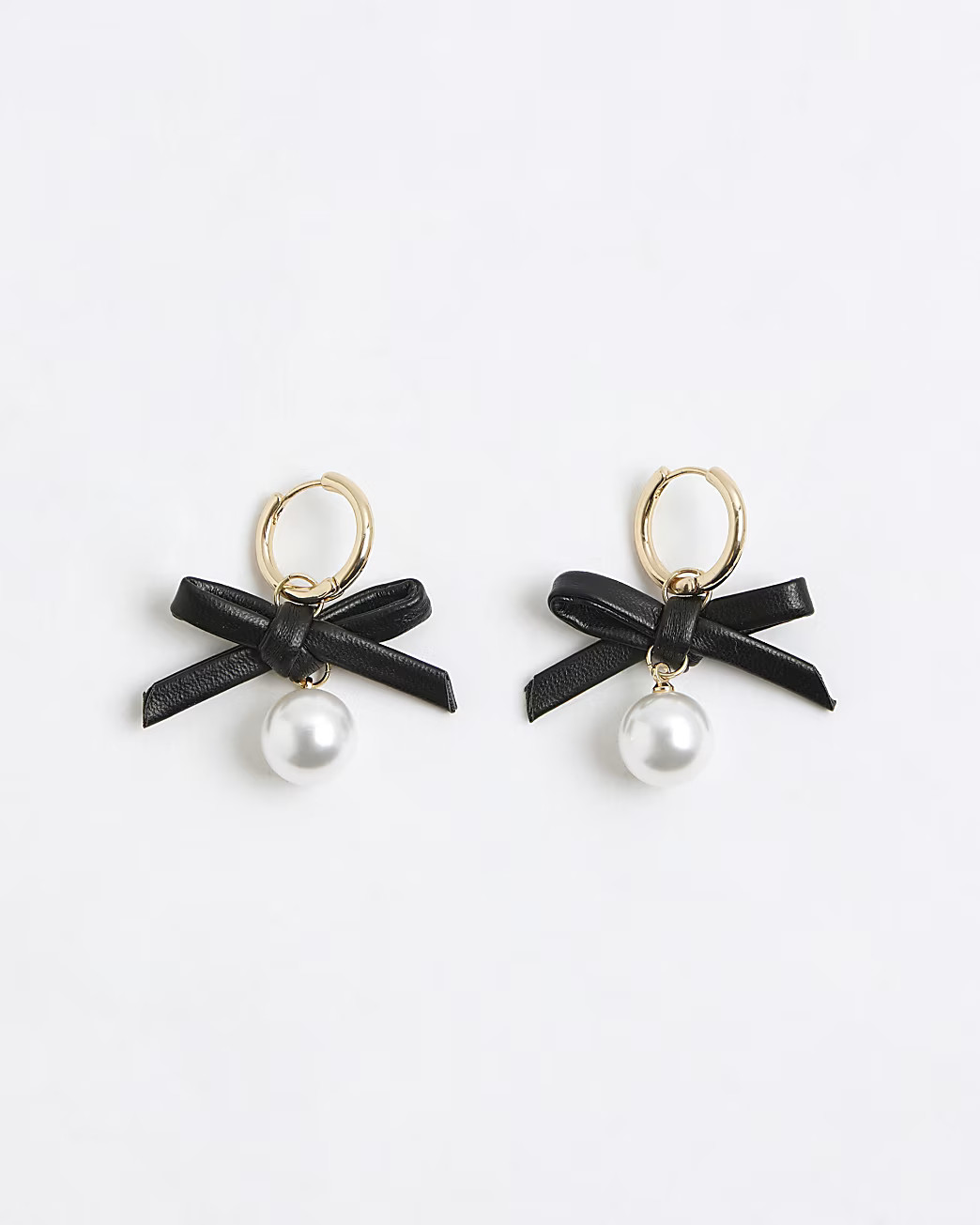 Black Faux Leather Bow Pearl Dangle Earrings | River Island UK & IE