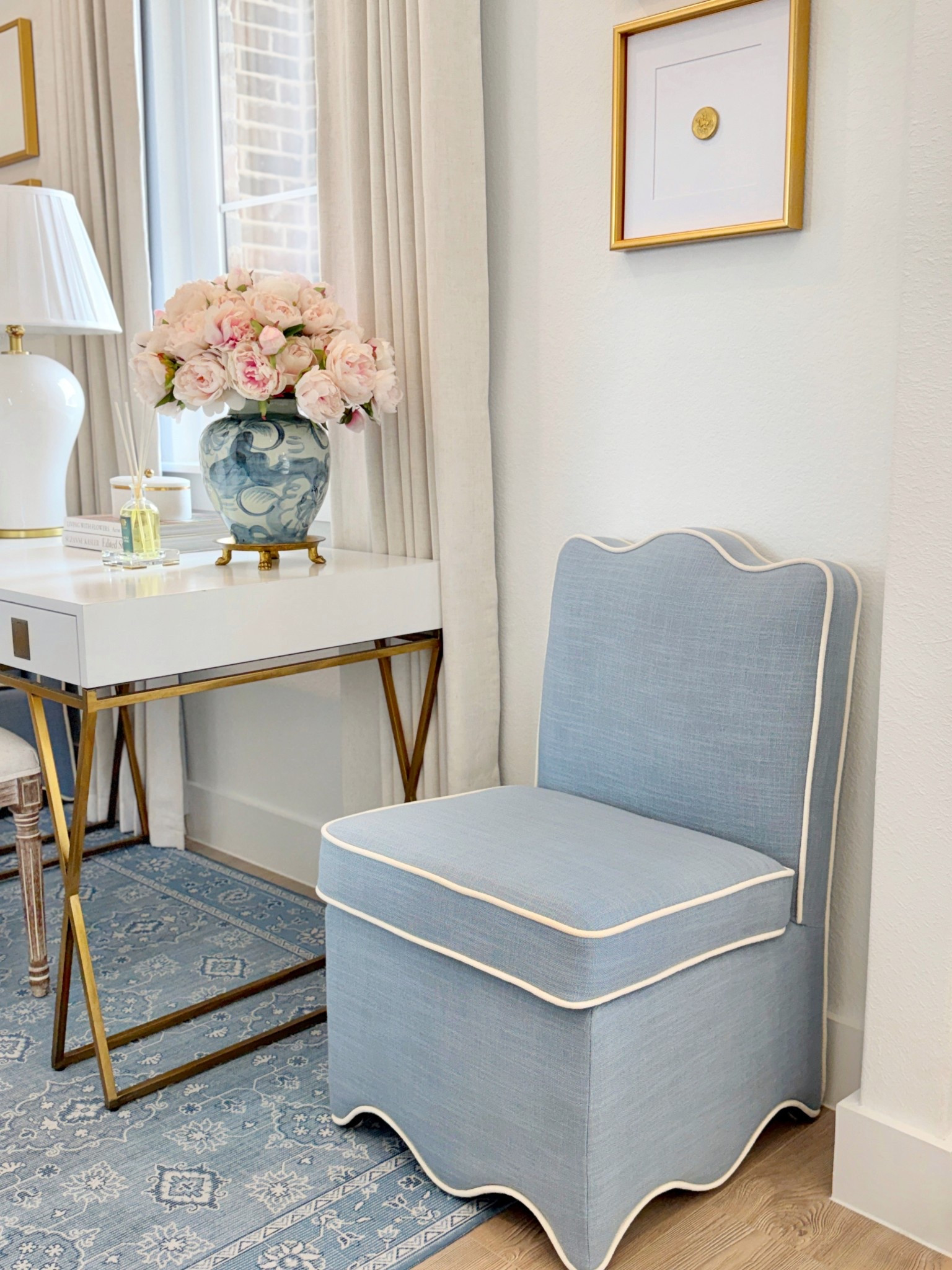 My scalloped chairs are back in stock 🎉 only $199! 💙 Amazon punch pleat curtains blue accent chairs blue and white decor affordable home decor tjmaxx finds @Marshalls 

#LTKSaleAlert #LTKHome