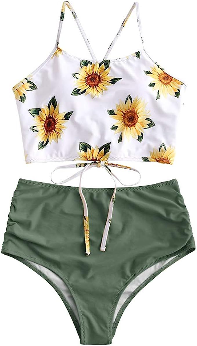 ZAFUL Women's Leaf Print Lace Up Ruched High Waisted Tankini Set Swimsuit | Amazon (US)